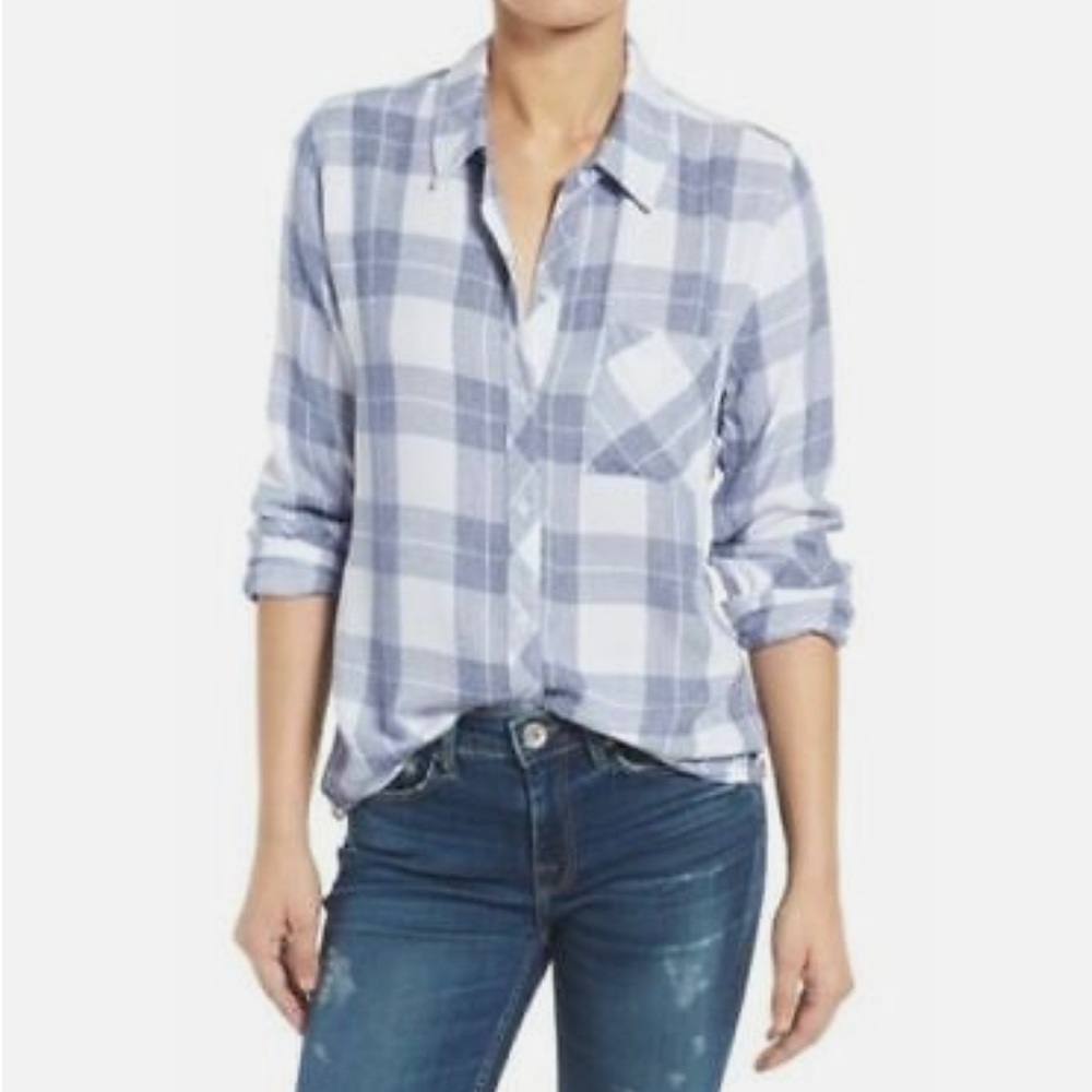 Rails Hunter Plaid Buttondown Flannel Shirt Top Blue & White River Melange